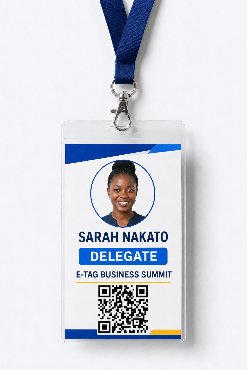 An e-tag guest card hanging on a neck strap with a QR code