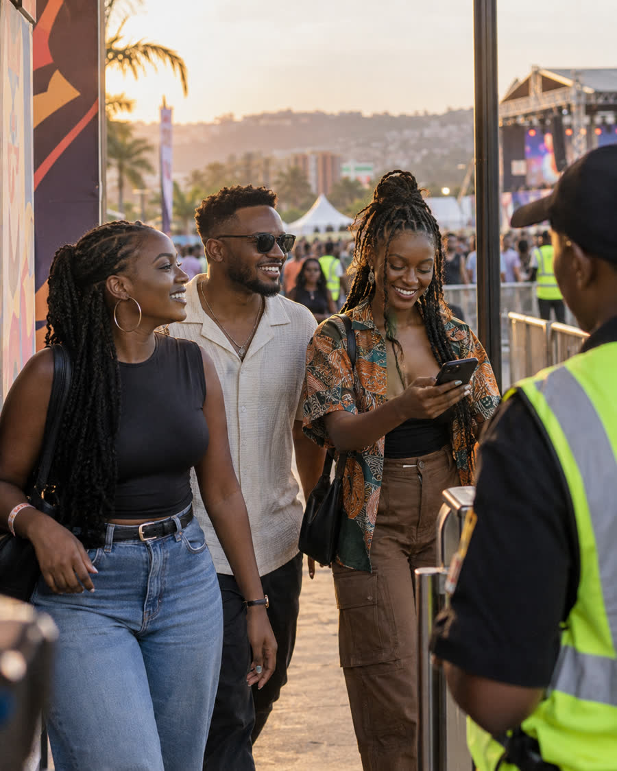 Friends arriving together at a music event
